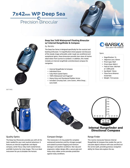 Barska 7x42 Deep Sea Waterproof Monocular with Compass & Rangefinding Reticle – Marine, Sailing & Outdoor Adventure Gear