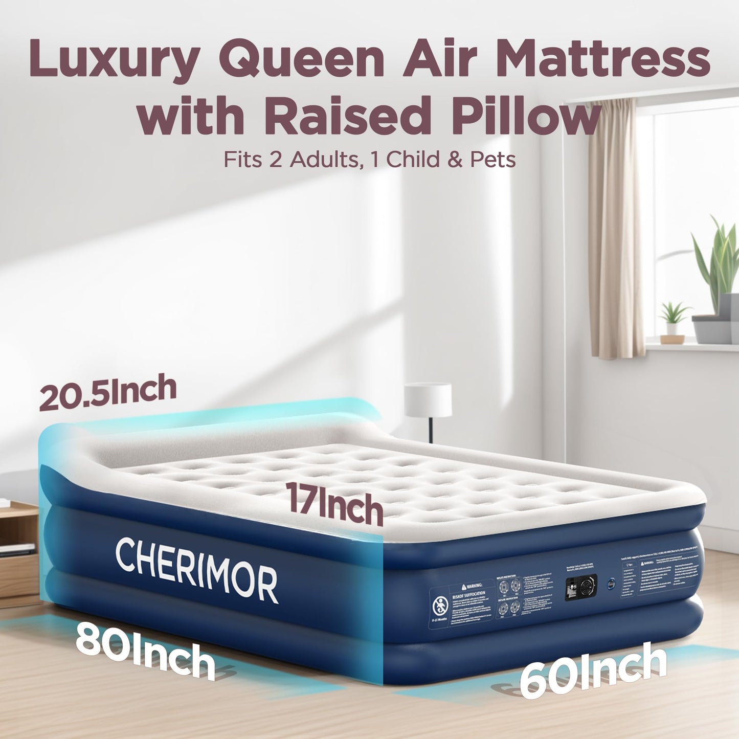 CHERIMOR Queen Air Mattress with Built in Pump, 20.5" Elevated Integrated Pillow Top Blow Up Mattress, Supports 800 lbs, Portable 3 Min Self Inflating Inflatable Bed for Guests, Home & Camping