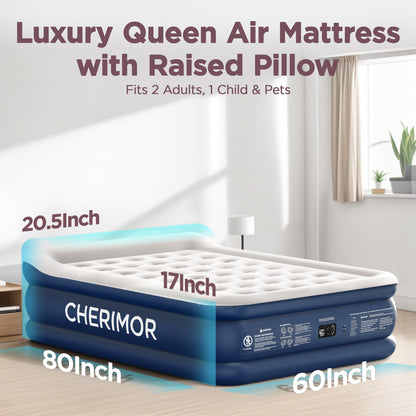 CHERIMOR Queen Air Mattress with Built in Pump, 20.5" Elevated Integrated Pillow Top Blow Up Mattress, Supports 800 lbs, Portable 3 Min Self Inflating Inflatable Bed for Guests, Home & Camping