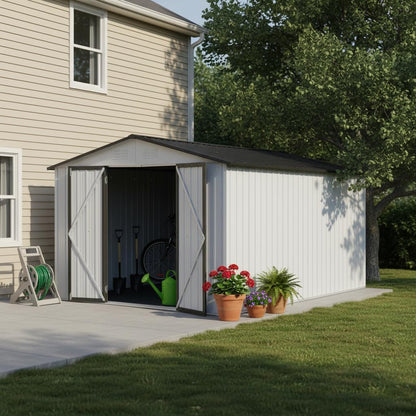Ball & Cast 10x12 FT Sheds & Outdoor Storage,Metal Aluminum Garden Shed,with Punched Vents,Waterproof Cabinet w/Hinged Door and Padlock,Tool House for Storing Bicycles,Lawnmowers,Barbeques,White+Grey