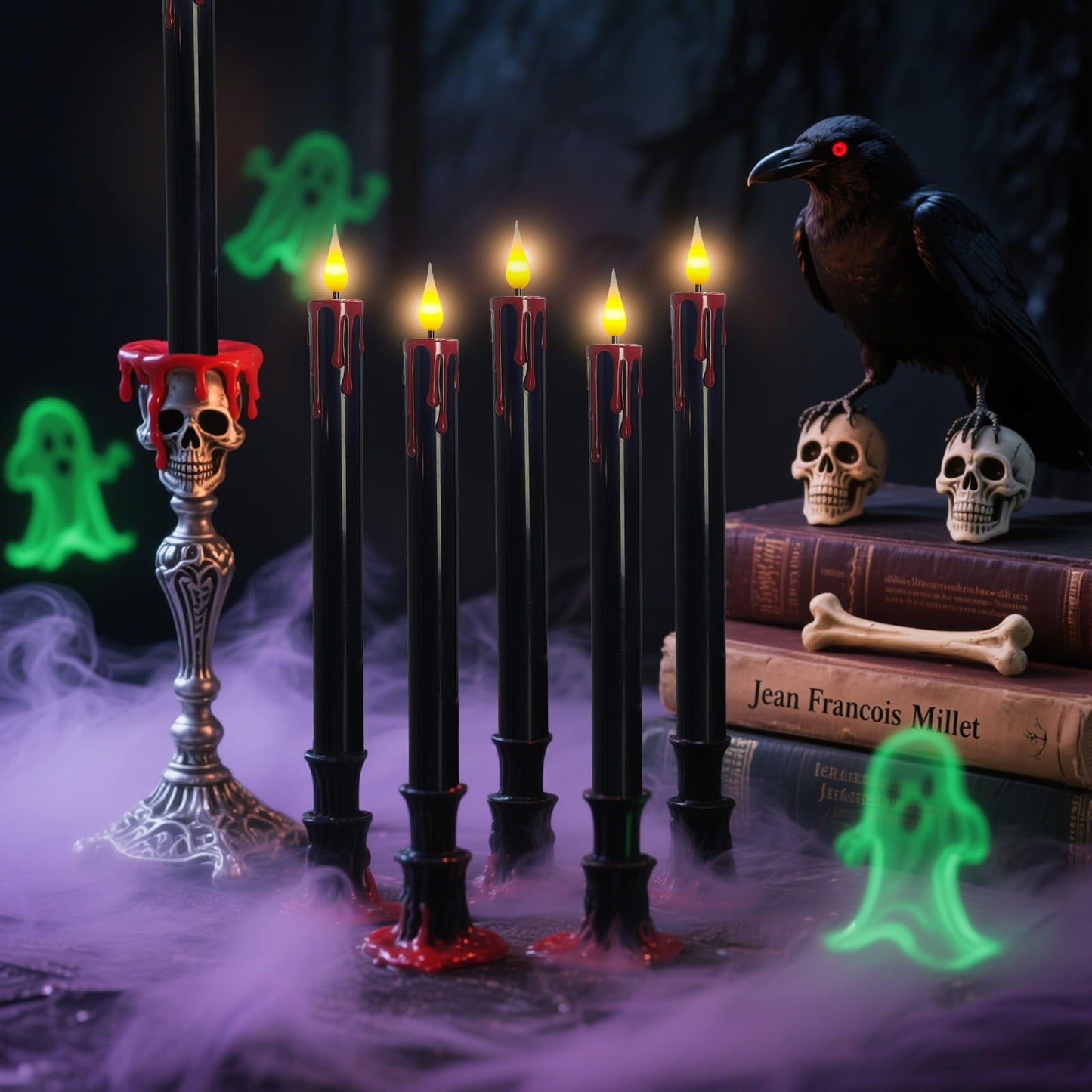 ODTRAM Flameless Taper Candles with 3D Flickering Effect Blood Dripping & 10-Key Remote，Taper Candles Battery Operated for Halloween Spooky Horror Home Decoration - Set of 6 Black(0.8" x 10")