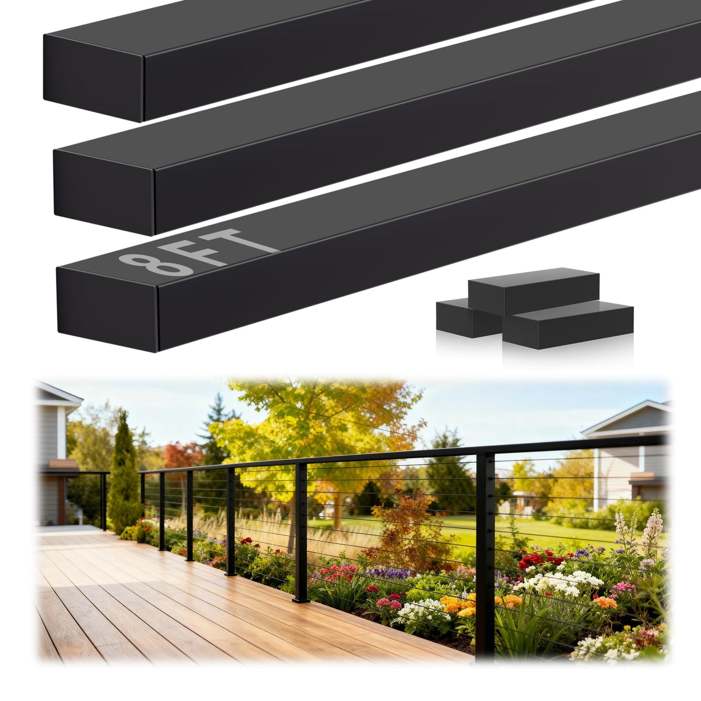 Gyykzz 8FT Stainless Steel 304 Handrail Black 3Pack, Rectangular Handrail Flat Top Rail with SS304 End Cap and POM Connecting Blocks for Indoor Outdoor Deck Stair Cable Railing System DIY Balustrade