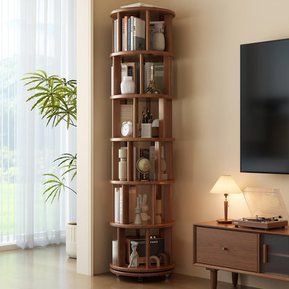 Muwuele 6 Tier Rotating Bookshelf Tower, Solid Wood Bookshelf on Wheels, Circular Book Shelf Rotating, Revolving Bookcase for Small Spaces, Corner Book Case, Spinning Book Shelf for Bedroom, Walnut