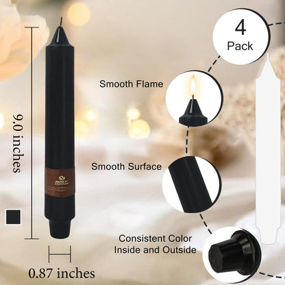 Black Halloween Taper Candles 4 Pack Hand-Poured 9 Inch Unscented Long Tapered Candles for Spooky Decor, Haunted Houses & Gothic Weddings - Clean Burning, Smokeless & Odorless