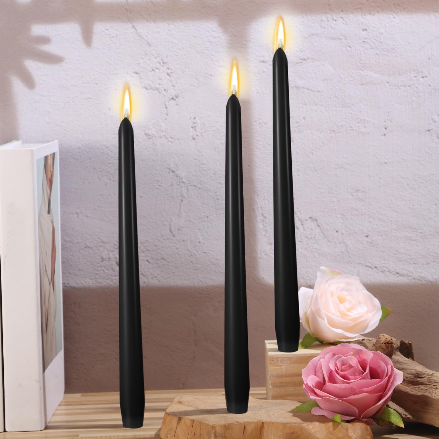 MTLEE 16 Pcs 10 Inch Long Tapered Candle Stick Bulk Smokeless Unscented Burning Candlestick Paraffin Wax with Cotton Wick for Valentine's Day Baby Shower Wedding Holiday Party Church (Black)