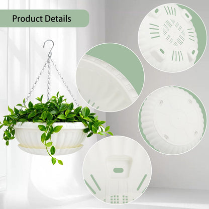 summer flower 3 Pack Large Hanging Planters 12.59in Plastic Plant Pots with Drainage Holes & Trays for Indoor Outdoor Garden Wall Window Decor (White)