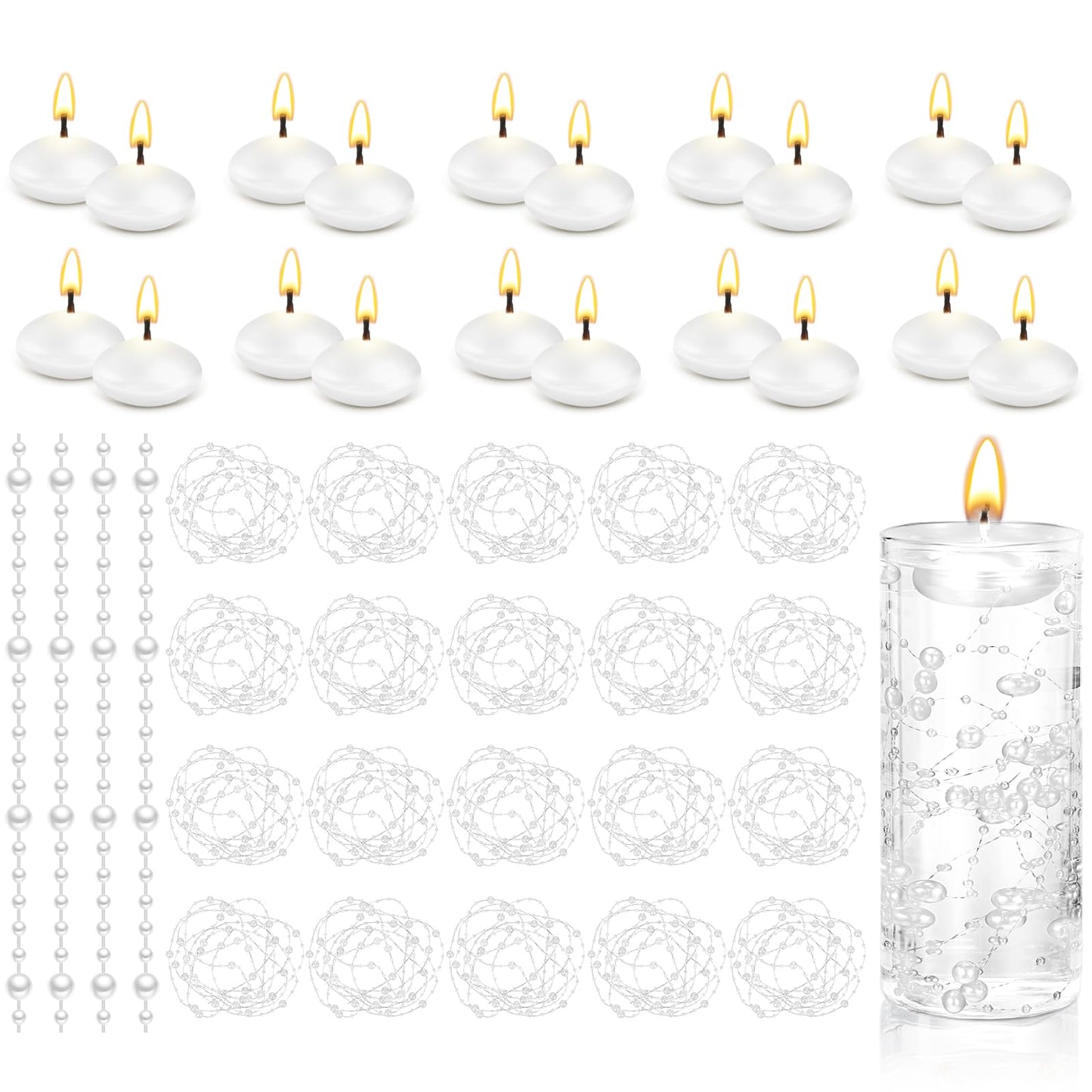 Fumete 40 Pcs White Floating Candles with Pearl Strings, Small Unscented Floating Candles for Wedding Centerpieces, Valentine's Day, Anniversary, Birthday, Elegant Home Decor