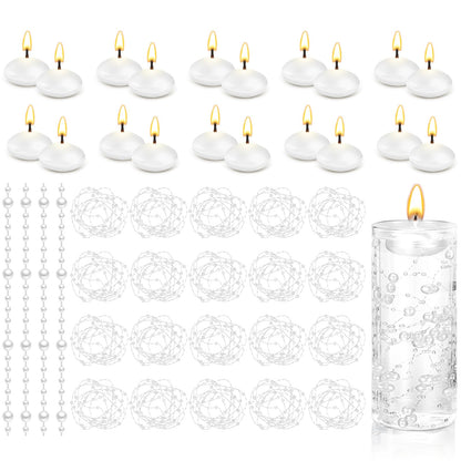 Fumete 40 Pcs White Floating Candles with Pearl Strings, Small Unscented Floating Candles for Wedding Centerpieces, Valentine's Day, Anniversary, Birthday, Elegant Home Decor
