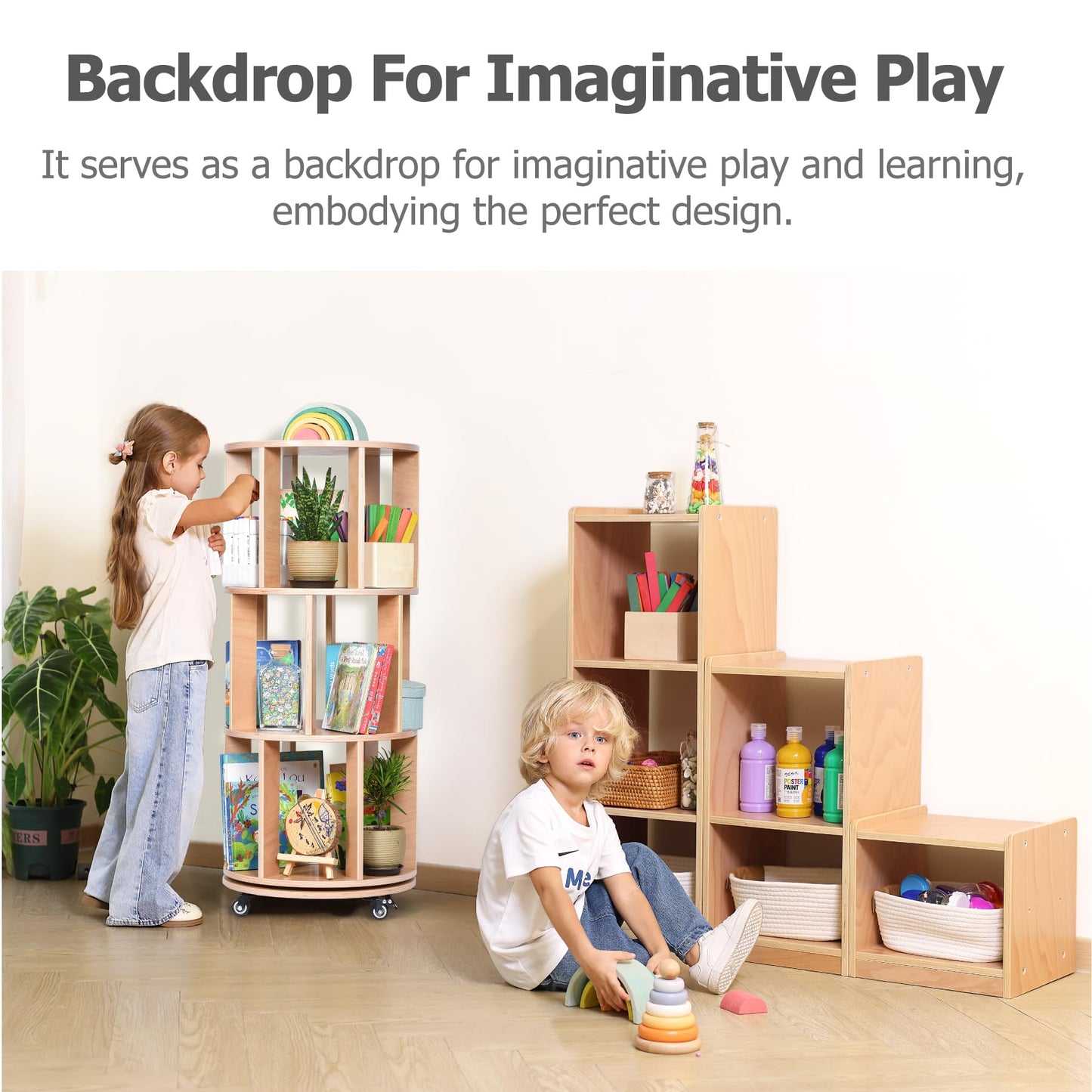Bolocon Modular 3-Piece Cube Storage Cabinet, L-Shaped Reversible Ladder Corner Bookshelf with 6+ Cubes, 4-Tier Wooden Freestanding Organizer for Kids Room & Home Office, Natural
