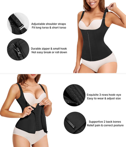 Nebility Women Waist Trainer Corset Zipper Vest Body Shaper Cincher Tank Top with Adjustable Straps (L, Black)
