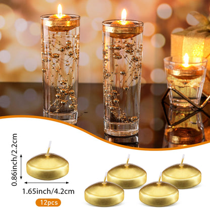 Nuanchu 12 Pieces 1. 65 Inch Floating Candles for Wedding Centerpiece, Small Unscented Floating Round Tealights Metallic Smooth Wax Disc Candles for Graduation Dinner Home Decor(Gold)