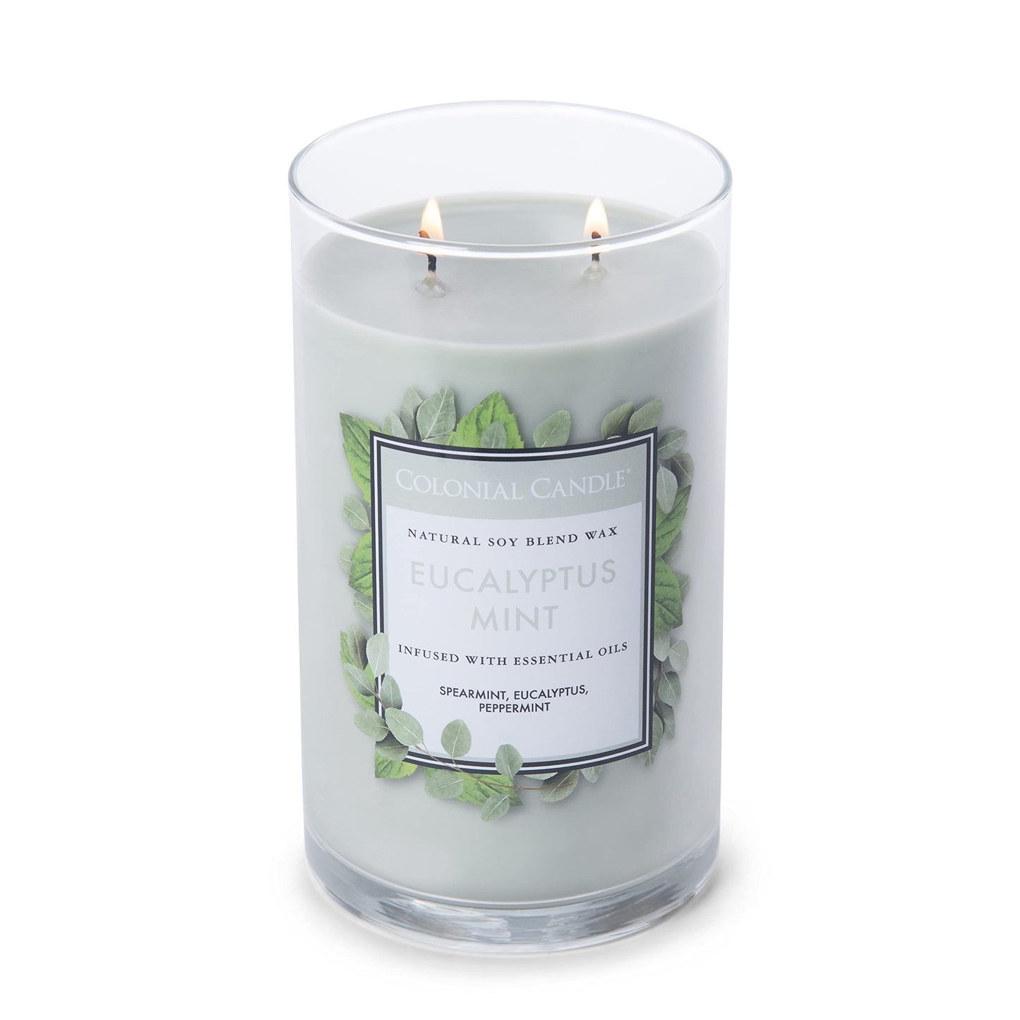 Colonial Candle Eucalyptus Mint Scented Jar Candle, Classic Cylinders Collection, 2 Wick, Green, 19 oz - Up to 120 Hours Burn