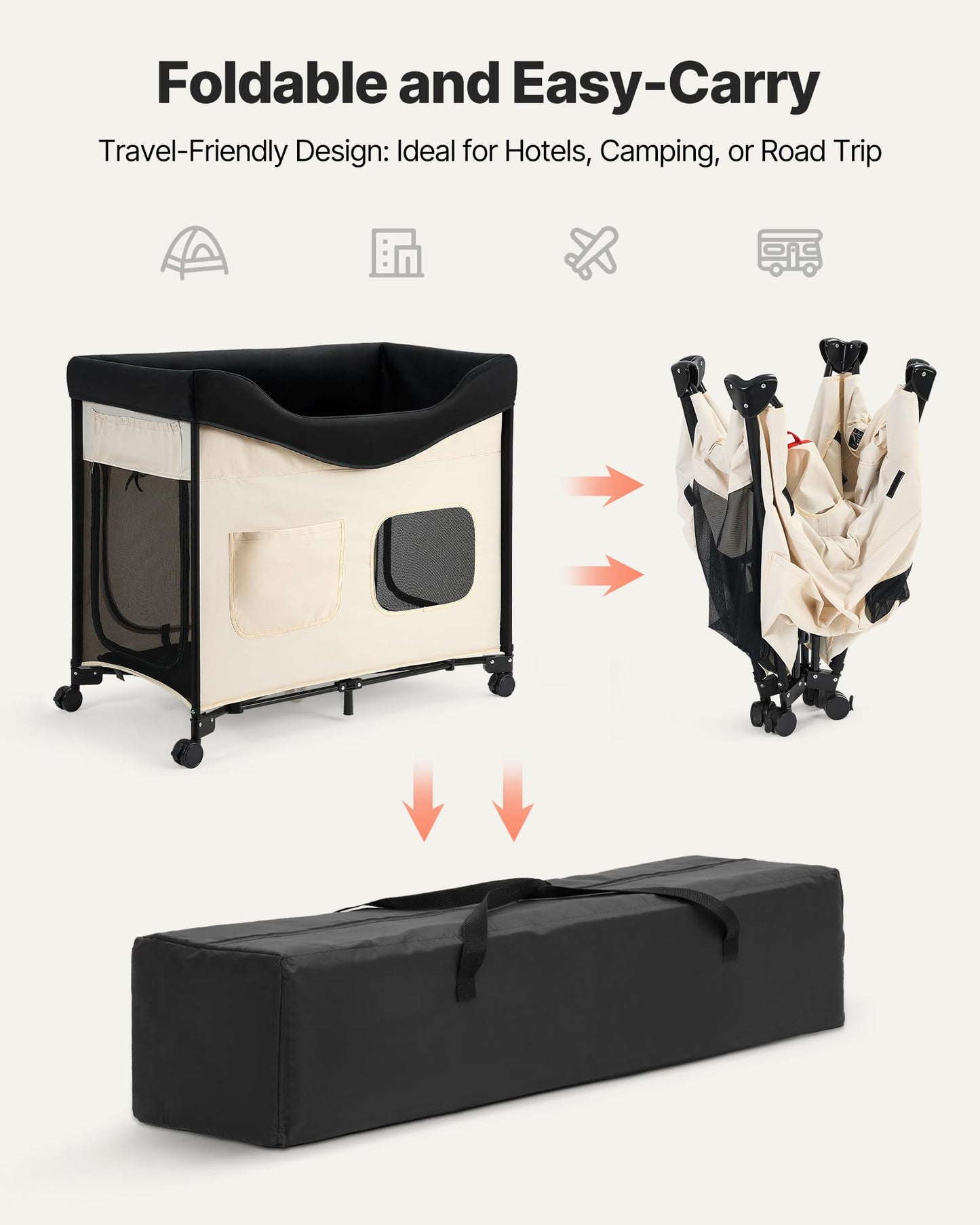 VEVOR Bedside Lounge Pet Bed, Foldable Bunk Dog Bed with 600D Oxford Cloth and Dutch Velvet, Portable Raised Cot with Wheels, Side Storage Bags, and Carry Bag for Cats & Dogs, L, Beige