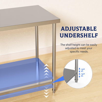 Stainless Steel Table, 36" x 24" Prep Workstation, 1000 LBS, NSF Commercial Work Table with Adjustable Undershelf and Galvanized Legs, for Restaurant, Home, Kitchen, Hotel, Outdoor