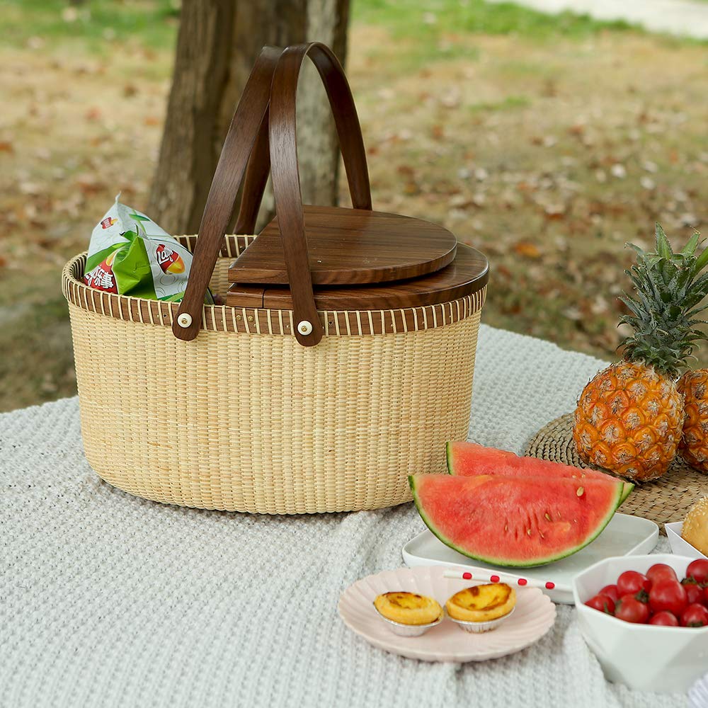 Teng Tian Nantucket Basket Crafts Cane-on-Cane Weave Picnic Basket Shopping Basket Basket Storage Basket Two Swing Handles (Black Walnut Activity Double Open)