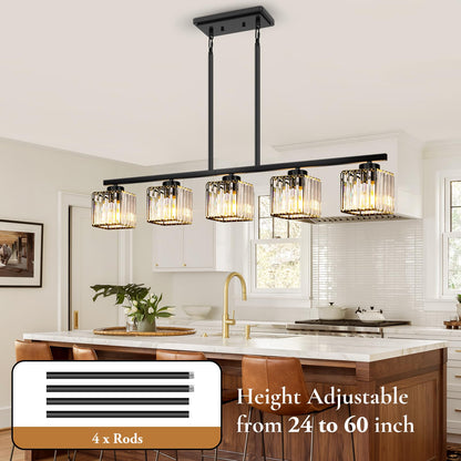 BesLowe Kitchen Island Lighting Linear Chandelier K9 Crystal Black Metal Model L2028-5BK