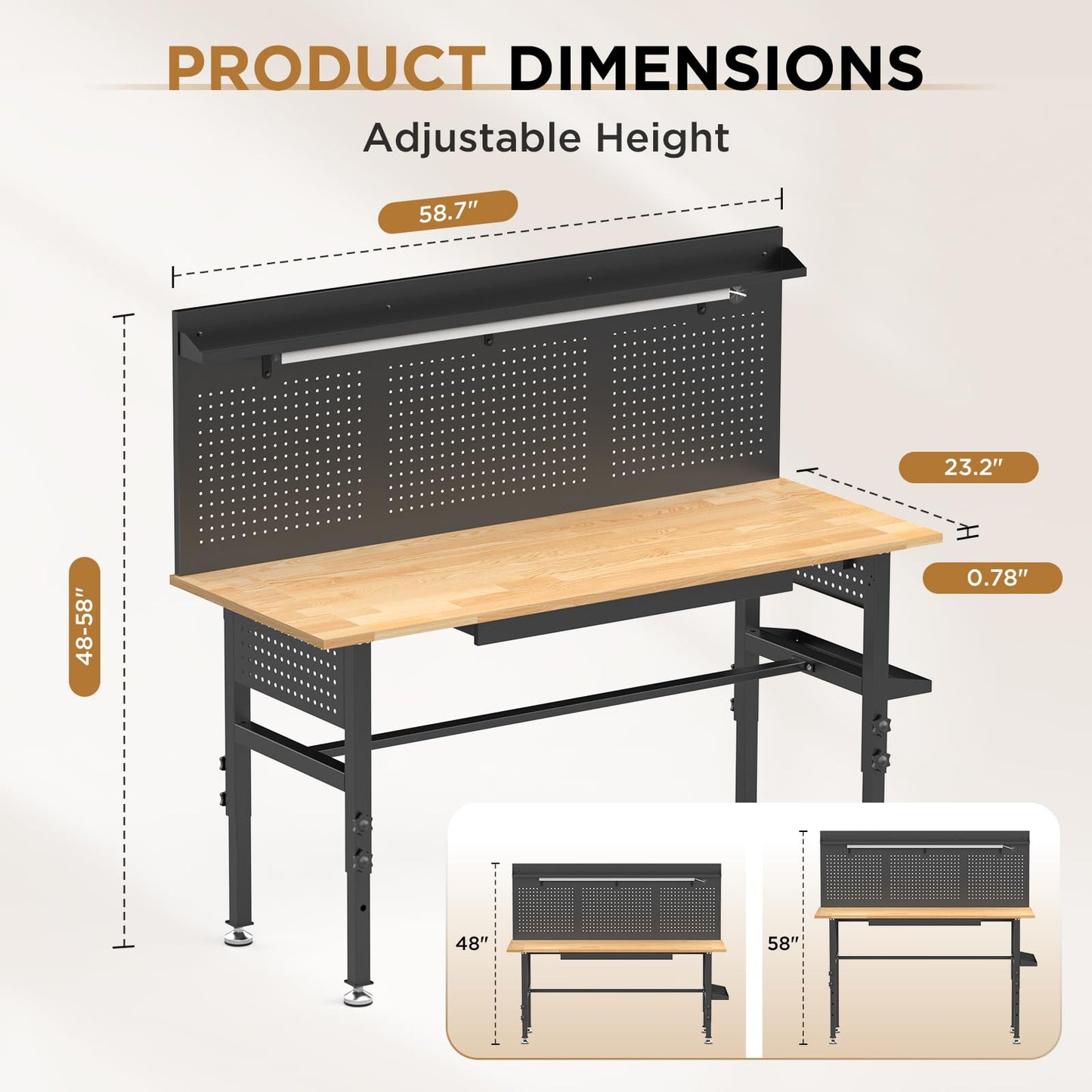 KEIKI 60 Inch Rolling Workbench with Wheels and Pegboard, Solid Wood Top Heavy Duty Steel Frame Garage Work Table with Drawers and LED Light, 2000 lbs Capacity, Adjustable Height, Black