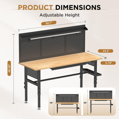 KEIKI 60 Inch Rolling Workbench with Wheels and Pegboard, Solid Wood Top Heavy Duty Steel Frame Garage Work Table with Drawers and LED Light, 2000 lbs Capacity, Adjustable Height, Black