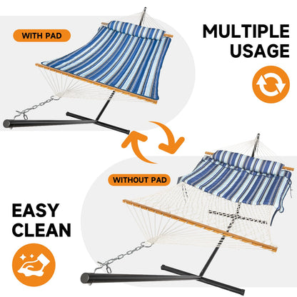 Everyfun 2 Person Outdoor Hammock with Stand, Cotton Rope Hammock with Polyester Pad, Adjustable Steel Frame, Portable with Carrying Bag – for Patio, Backyard, Garden, Beach, Blue