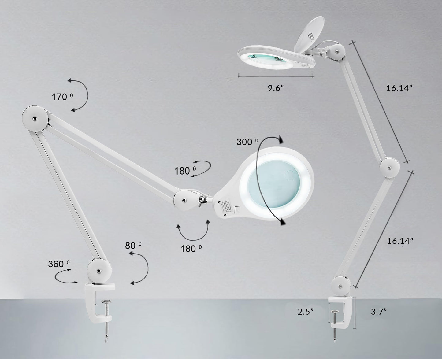 Neatfi LED Bifocal Magnifying Lamp 1,200 Lumens – 5” Glass Lens, Dual Magnification 2.25X/6X, Dimmable | Adjustable Arm with Clamp | Crafting, Jewelry & Reading (5 Diopter + 20 Diopter, White)