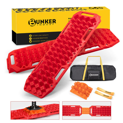 BUNKER INDUST Off-Road Traction Boards with Jack Lift Base,2 Pcs Multifunctional Recovery Track for 4WD UTV SUV Truck-Mud, Snow, Sand Tracks Red Tire Traction Mat with Carry Bag (Gen 9th)