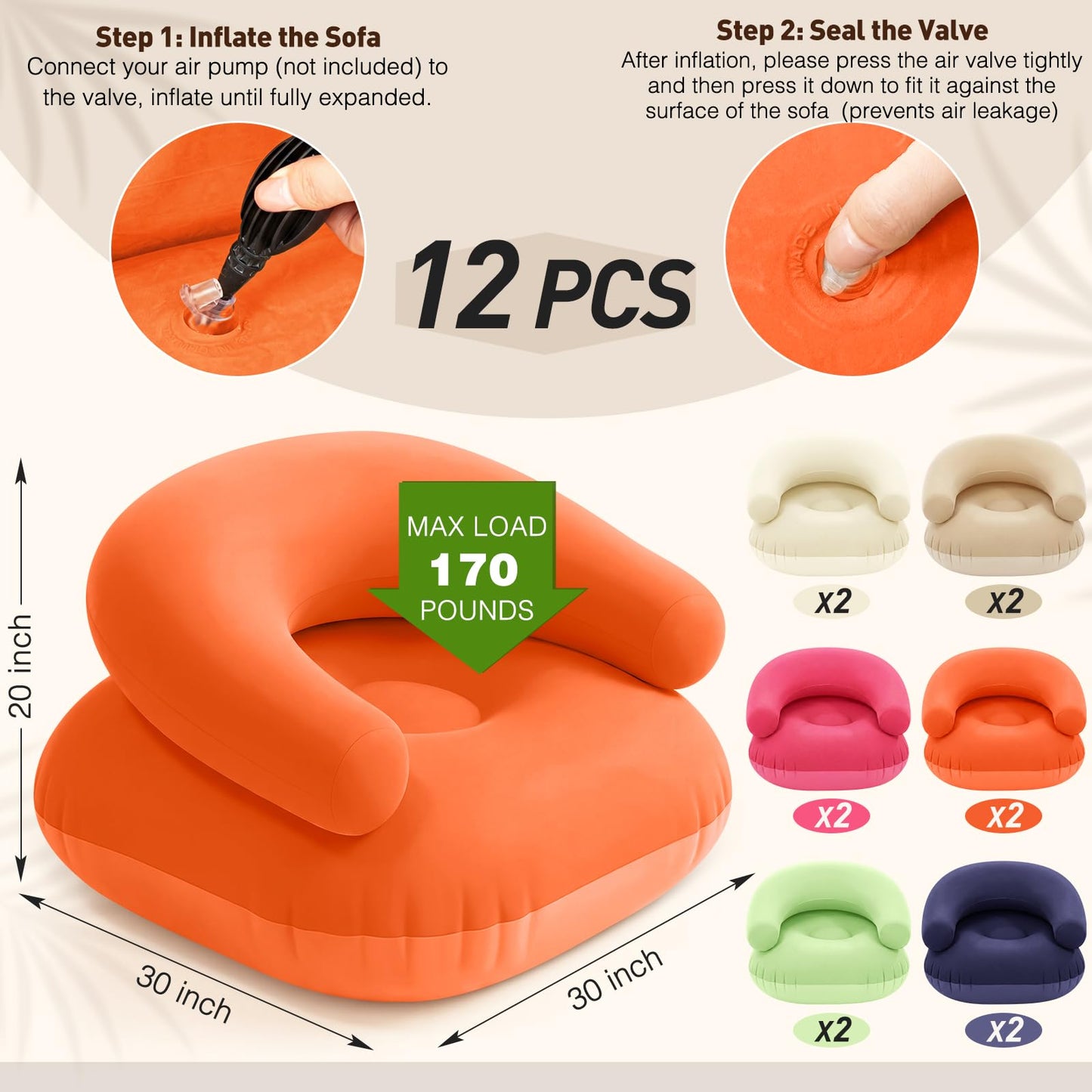 Novabright 12 Pcs Inflatable Chairs for Adults Blow Up Games Chairs Folding Portable Flocking Inflatable Sofa for Living Room Learning Camping Party (Colorful)