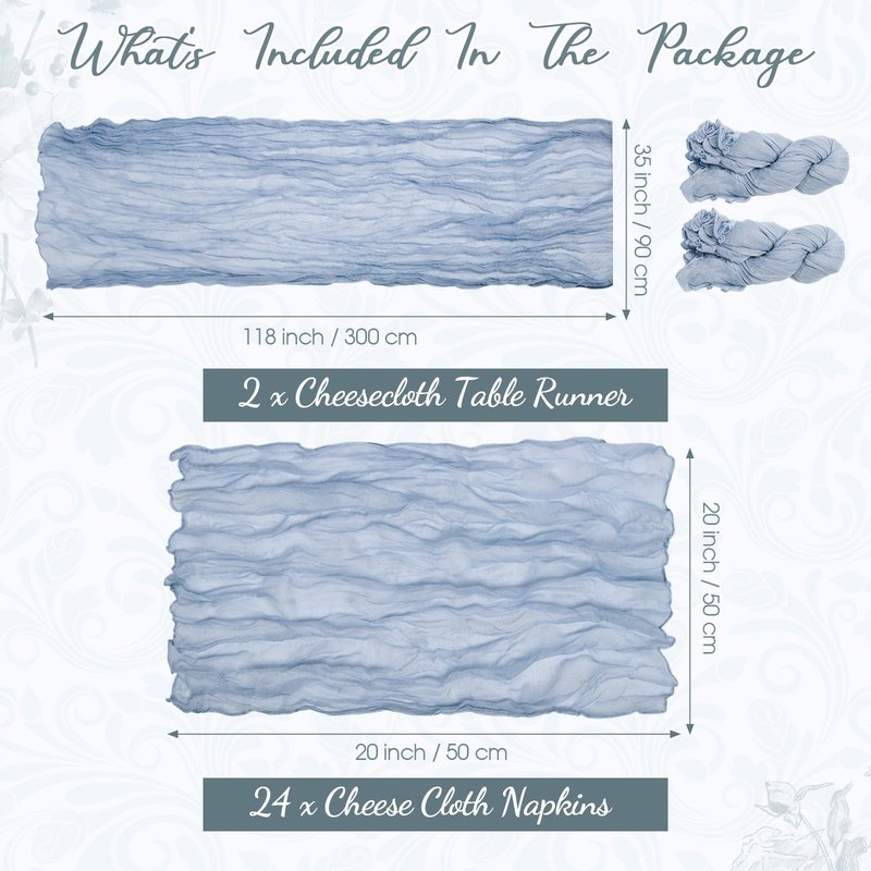Windkream 2 Cheesecloth Table Runners and 24 Napkins Set, 10Ft Boho Cheese Cloth Table Runners 20 x 20 Inch Rustic Wrinkled Gauze Napkins for Wedding Birthday Baby Shower Party Decor (Dusty Blue)