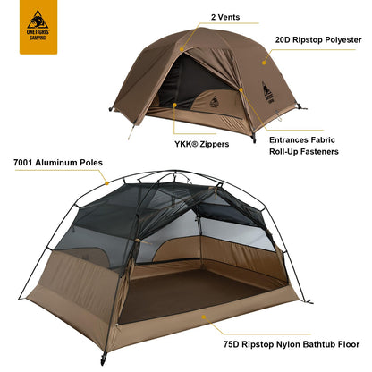 OneTigris COSMITTO 2 Person Backpacking Tent Shelter- Free Standing Lightweight Waterproof 3 Season Camping Tent for Outdoor Hiking Mountaineering