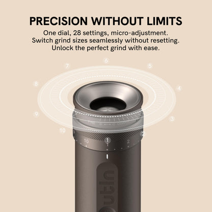OutIn Fino Portable Electric Coffee Grinder,Adjustable Coffee Bean Grinder with 28 Precise Grind Setting,One-Button Burr Coffee Grinder with Fast‑Charge Battery, Auto‑Stop & Clog‑Protection
