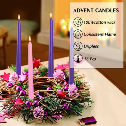 16-Pack Christmas Advent Candles (12 Purple & 4 Pink), 10 Inch Taper Candles for Holiday Decor - Unscented, Dripless & Long-Lasting for Church, Christmas, Weddings and Table Centerpieces