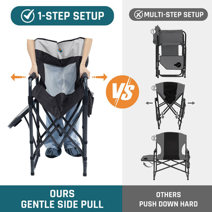 2 Pack Camping Chairs for Adults Directors Chair with Side Table, 1-Step Setup, Mesh Backrest Folding Lawn Chairs with Pocket, Foldable Camp Chair for Outdoor, Picnic, Sports and Fishing, Black