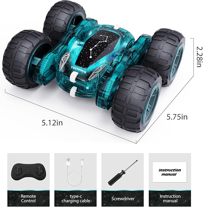Tecnock Remote Control Car 2.4GHz RC Cars with USB-C Easy Charging 4WD Double Sided 360° Rotates and Flips RC Stunt Car Toys Gift for Boys and Girls Ages 6-8 8-12
