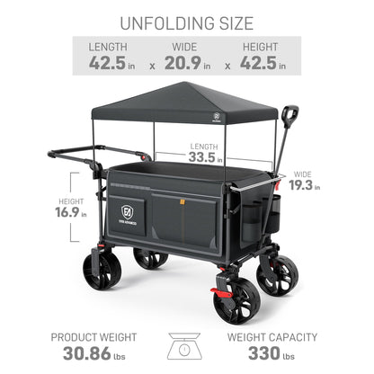 EVER ADVANCED Folding Push Wagon with Canopy, Portable Shopping Cart with Brakes, Collapsible Wagon Cart with All-Terrain Big Wheels for Camping, Beach, Sports