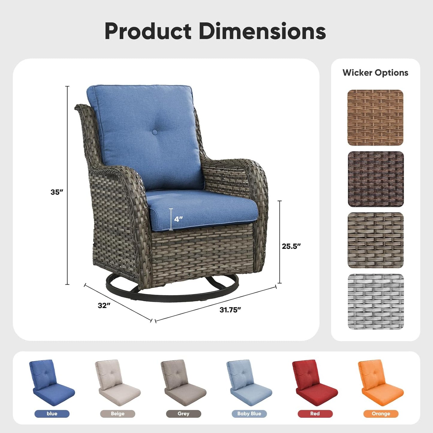 Belord Outdoor Swivel Chairs - Set of 2 All-Weather Wicker Rockers for Patio & Deck - Gray/Blue