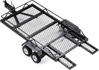 RC Trailer for Hauling Behind Car - Metal Hitch Mount Trailer with 4 Tires Heavy Duty Truck and RC Rock Cars Trailer for 1/18 RC Crawler TRX4M Defender Bronco K10 High Trail F150