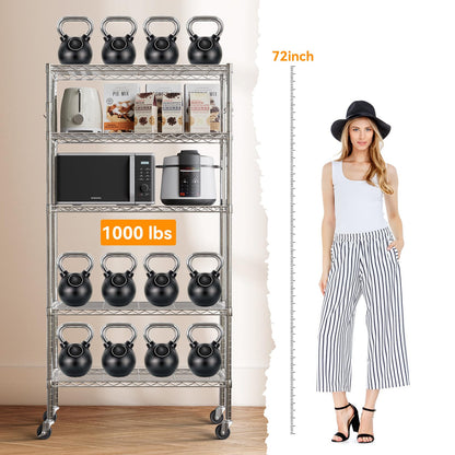 YNN Storage Shelves,1750Lbs 5 Tier Heavy Duty Metal Rolling Shelving Unit with Wheels & 8 Hooks, Adjustable Garage Wire Rack for Kitchen, Bathroom,Industrial,Pantry(36" W x 14" D x 72" H, Chrome)