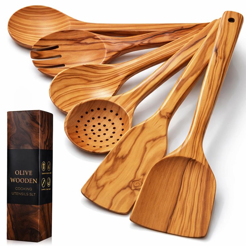 Qinyoung 6 Pack Olive Wood Cooking Utensils Olive Wood Kitchen Utensils Mixing Spatula Spoon Fork Set with Gift Box for Cooking Baking Meal, Birthday Anniversary Mother's Day Housewarming Gifts