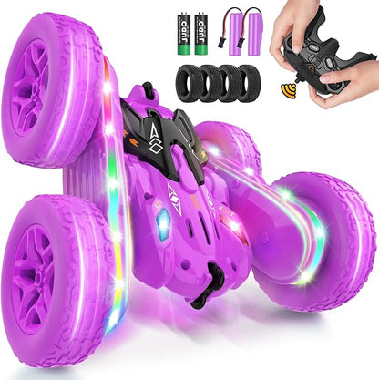 Remote Control Cars for Girls 2.4GHz RC Stunt Car with 360° Flips &amp Double Sided Driving LED Strip Lights and Headlights Changeable Wheels Birthday Gift for 5-12 Year Old Girls (Purple)