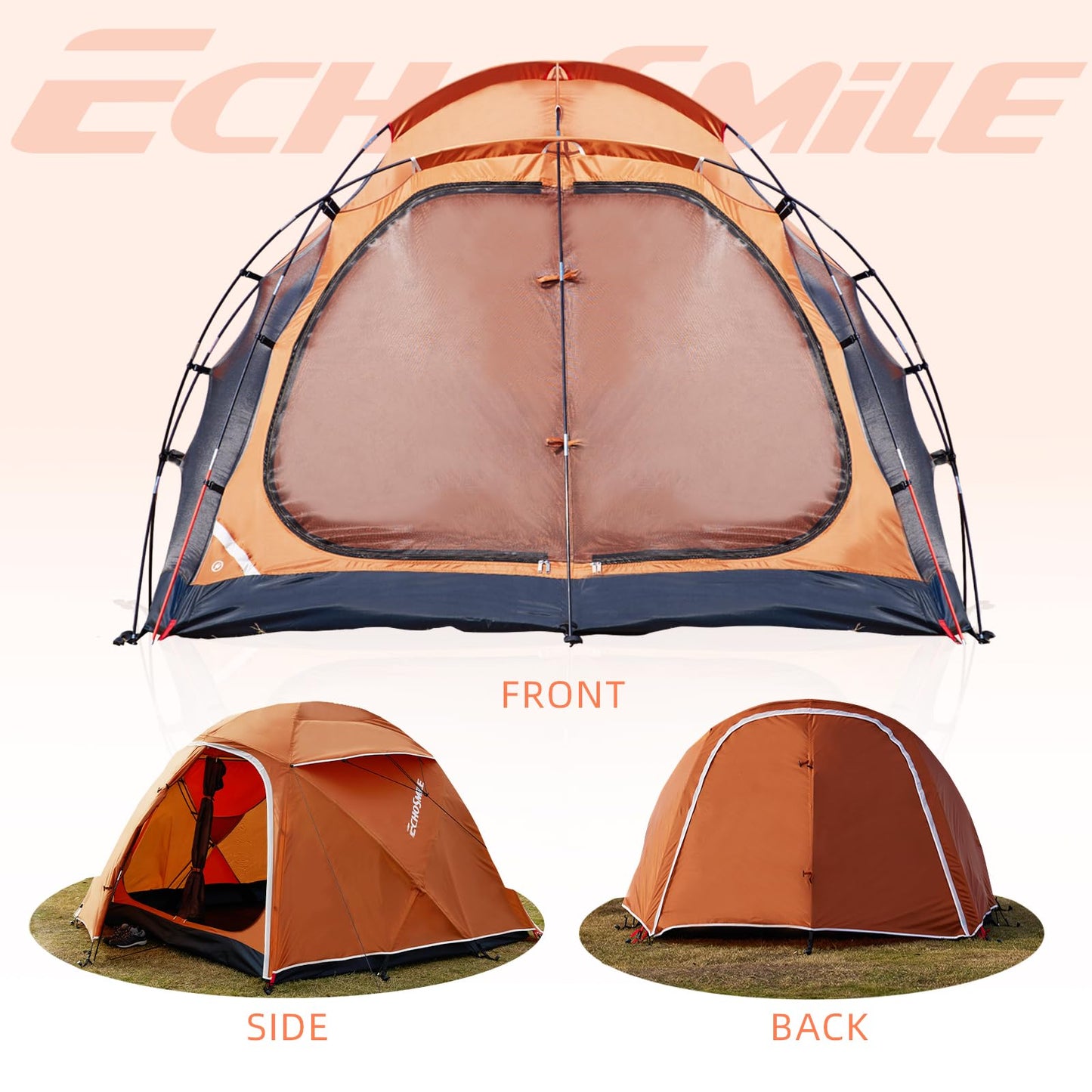EchoSmile 3-5 Person Family Camping Tent, Waterproof Windproof Heavy Duty Dome Shelter, Easy Setup Multi-Pole Cabana with Extra Storage Room for Wet Bags & Shoes, Outdoor Hiking Travel - Orange