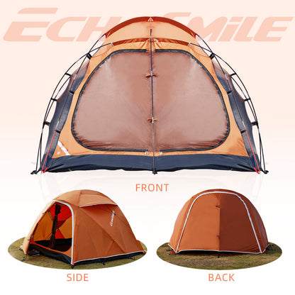 EchoSmile 3-5 Person Family Camping Tent, Waterproof Windproof Heavy Duty Dome Shelter, Easy Setup Multi-Pole Cabana with Extra Storage Room for Wet Bags & Shoes, Outdoor Hiking Travel - Orange