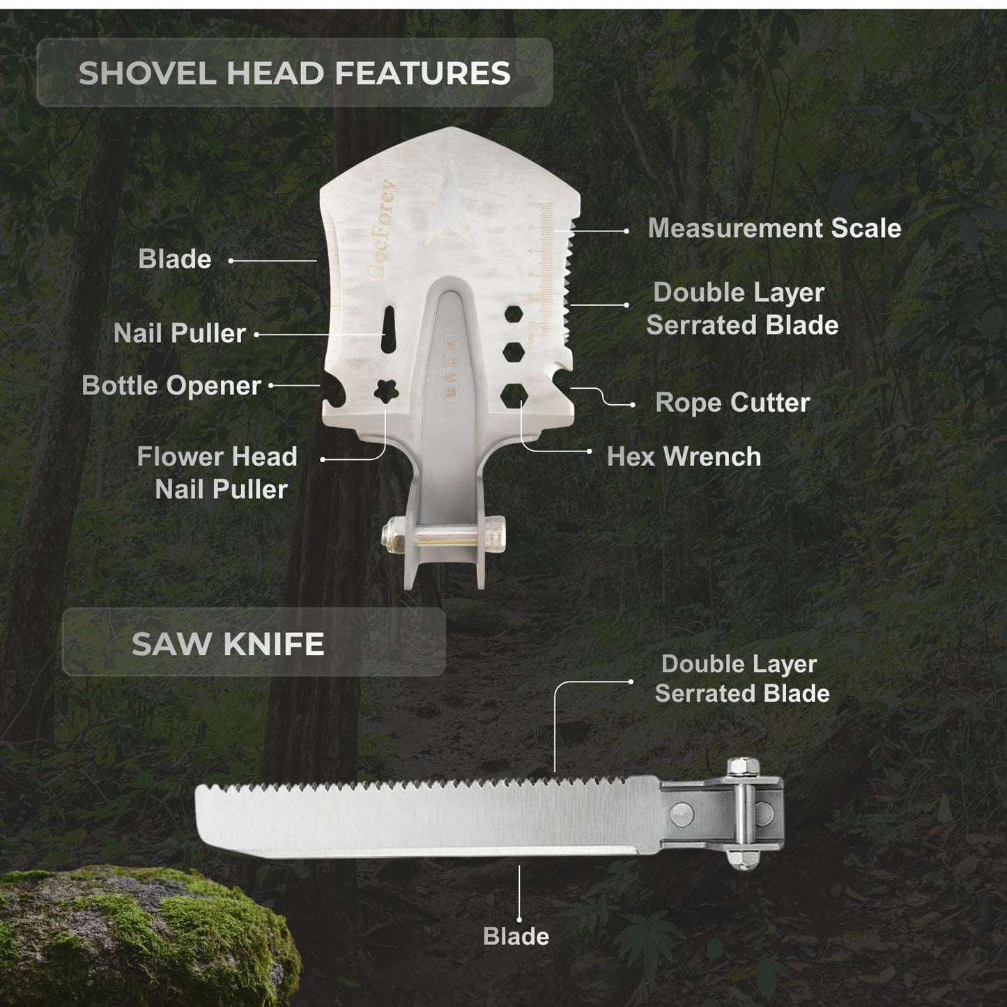 Muti-Functional Axe, Shovel, Saw Knife Kit, 5Cr13 Martensitic Stainless Steel Axe Head, 7075 Aluminum Camping Hatchet. Secure Locking Collar Hatchet.