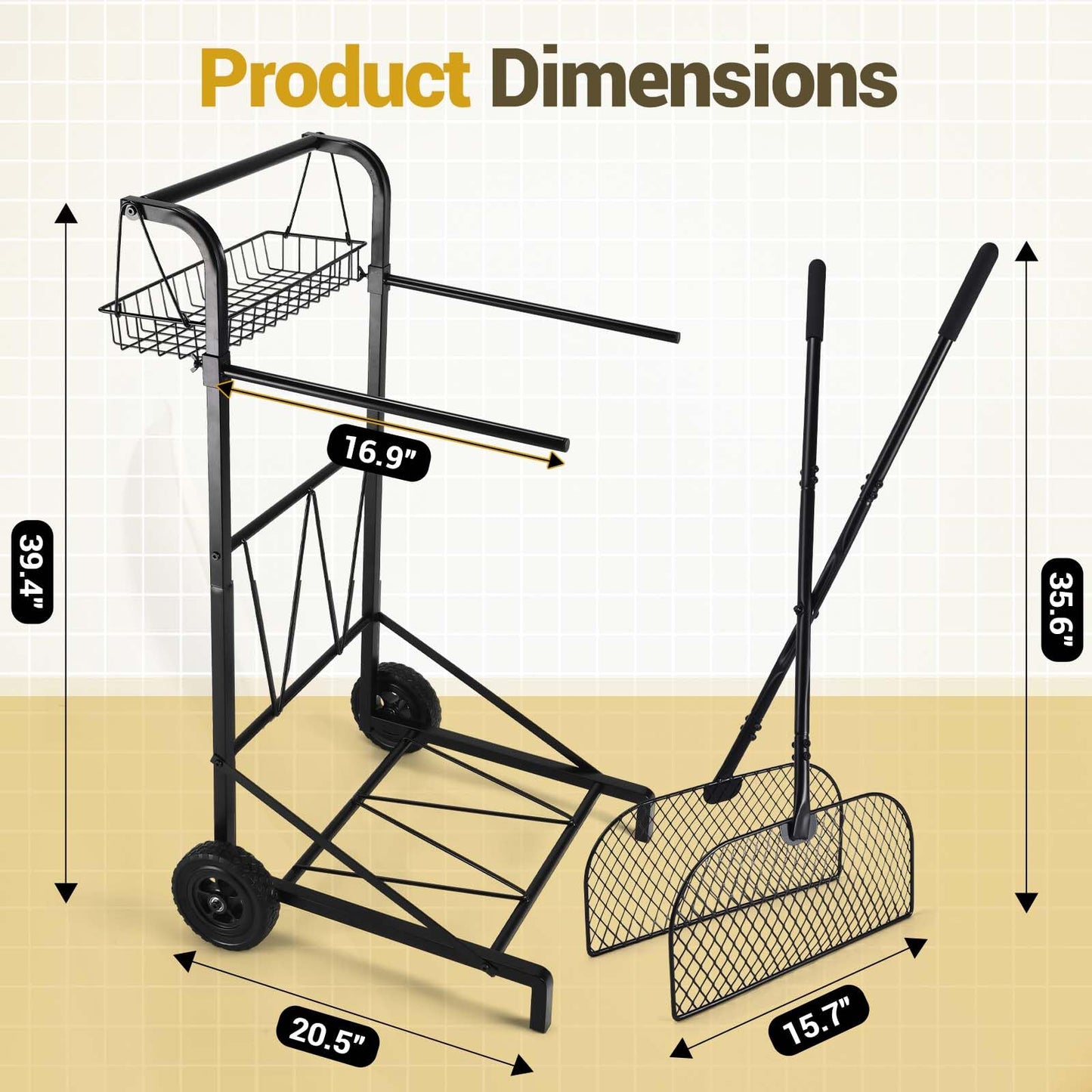 CAROD Mobile Trash Bag Holder with Storage Basket and Ergonomic Handle, Convenient Leaf Bag Cart with Leaves Grabber Rake Combo, Suitable for Leaves, Weeding, Camping, Party