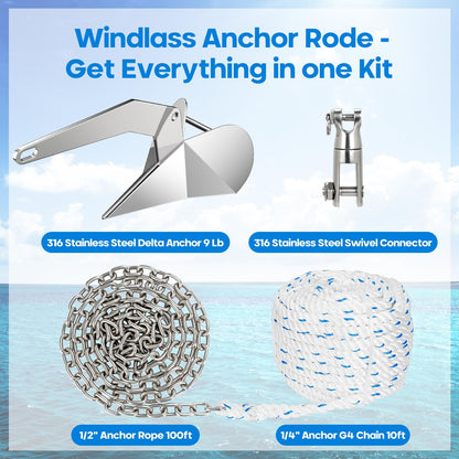 FUCNEN Boat Anchor Kit - 9 Lb 316 Stainless Steel Delta Anchor, 1/2" Anchor Rope 100ft,1/4" G4 Marine Anchor Chain 10ft & Swivel Connector,Windlass Anchor Rode-Rope/Chain for Boat Anchor System
