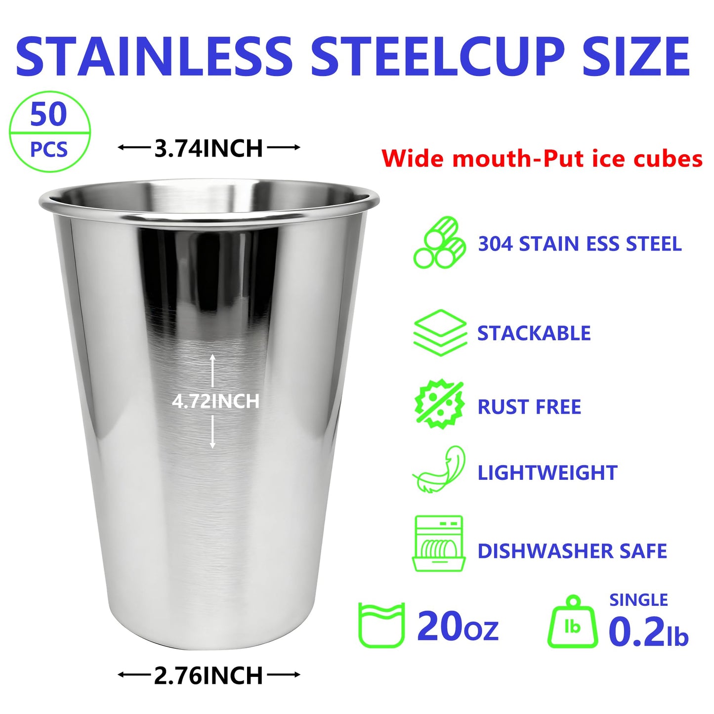 WELVRVIR 20oz 50PCS Stainless Steel Pint Cup,Pint Tumbler,Reusable metal Cups,Stainless Steel Water Tumbler,BPA Free,Stackble,Durable,Unbreakable Metal Drinking Glasses for Bar,Banquet Mugs (50, 20OZ)
