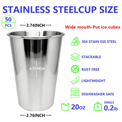 WELVRVIR 20oz 50PCS Stainless Steel Pint Cup,Pint Tumbler,Reusable metal Cups,Stainless Steel Water Tumbler,BPA Free,Stackble,Durable,Unbreakable Metal Drinking Glasses for Bar,Banquet Mugs (50, 20OZ)