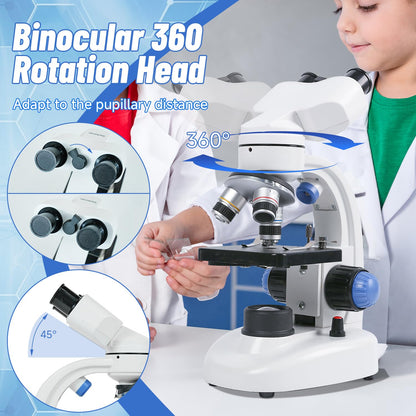 Binocular Microscope 40X-1000X LED Lighting for Kids Students Adults School Lab Home Education with Microscope Slides Set,Phone Adapter