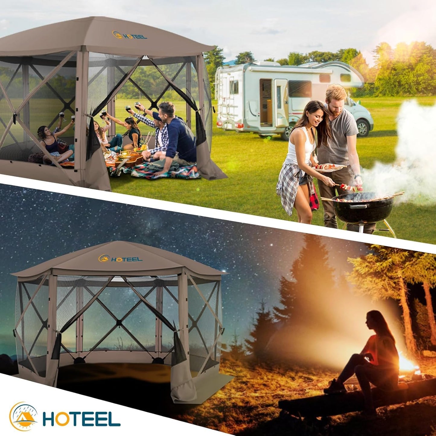 COBIZI 12x12FT Pop Up Gazebo Screen Tent Screen House for Camping, Screen Room with Mosquito Netting, Hub Tent Instant Screened Canopy with Carrying Bag and Ground Stakes, Brown