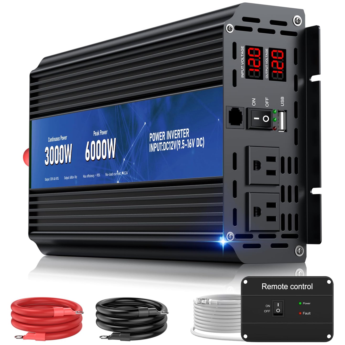 3000W Power Inverter 12V DC to 110V/120V AC Converter, 6000W Peak, LCD Display & Remote Control, Dual AC Outlets & USB Port for RV Truck Solar System, Emergency Backup, Outdoor Camping