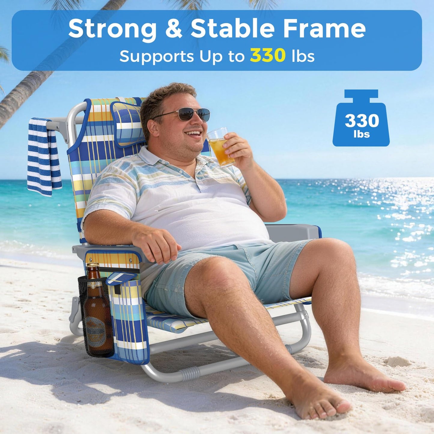 5-Position Backpack Beach Chairs for Adults, Foldable Heavy-Duty Beach Chair with Lumbar,Cooler Bag,Cup Holder,Towel Rack for Beach, Camping, Outdoor(2Pack)