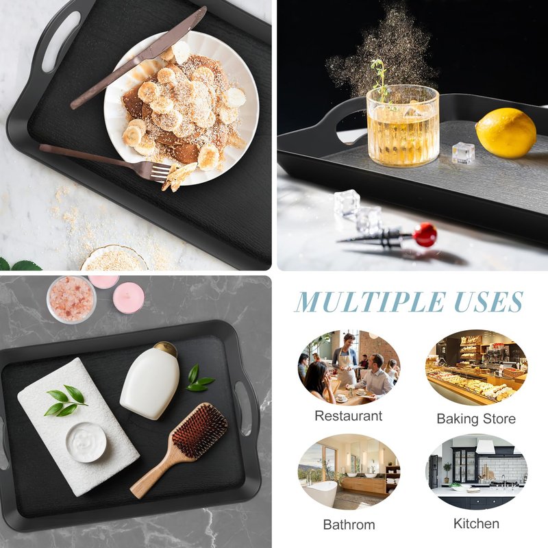 Armrouns Black Serving Trays with Handles, 16 x 11 inch Rectangular Non Skid Multi-Purpose Plastic OttomanTray for Restaurant, Parties, Coffee Table, Kitchen
